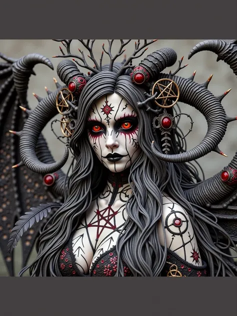 Lilith

Appearance:  Lilith could be represented as a figure of terrifying beauty ,  with long black hair that moves like serpents ,  eyes as bright as flames and bat wings . Your skin would be pale as marble and covered with runes or demonic marks.  Your ...