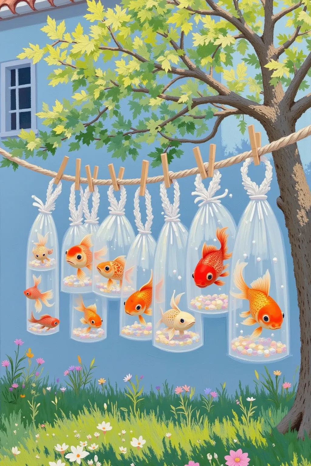 A row of transparent bags hangs from the clothesline，There is a goldfish inside