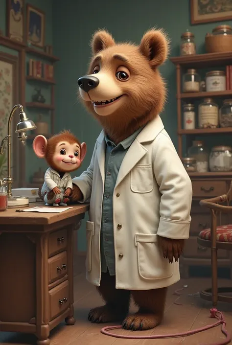 A bear and a little monkey in a doctor's coat