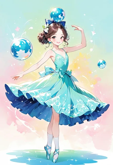 A beautiful smiling girl, She is dancing, Ball head,There is a bow in the hair， ballet dancer，A vibrant watercolor splash ink pencil drawing, Full body portrait in anime style, detailed character design drawn in digital art style on gradient background, Co...