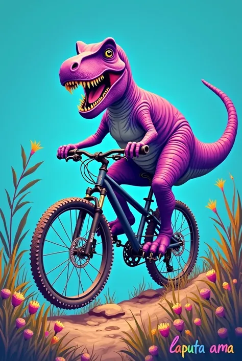  colorful illustration , Purple tyrannosaurus rex with black eyes like buttons, riding a MTB bike, blue color,b in the lower right "LaPuta Ama", in several colors and strong font 