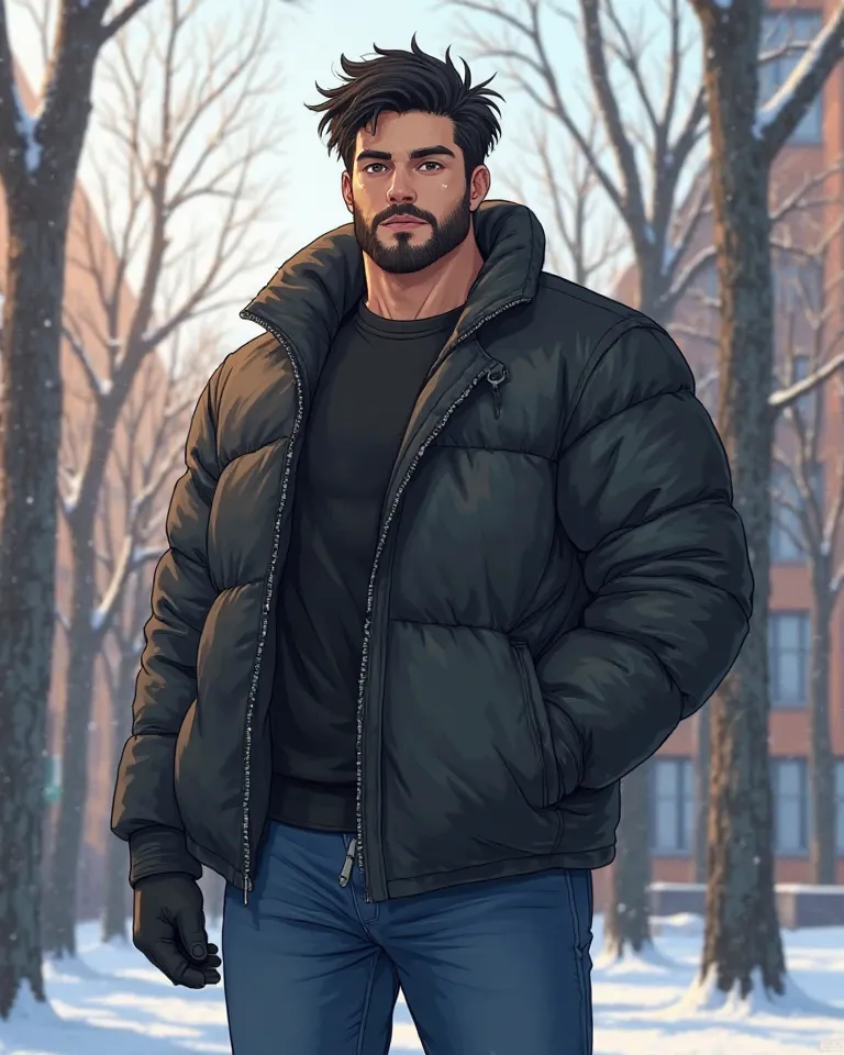 Anime style college man picture, huge physique, short scattered black hair, beard and beard growing, blue jeans, black winter shirt with long sleeves, outdoor scene in a university park, bright natural lighting, high-quality detailed illustration effect, r...