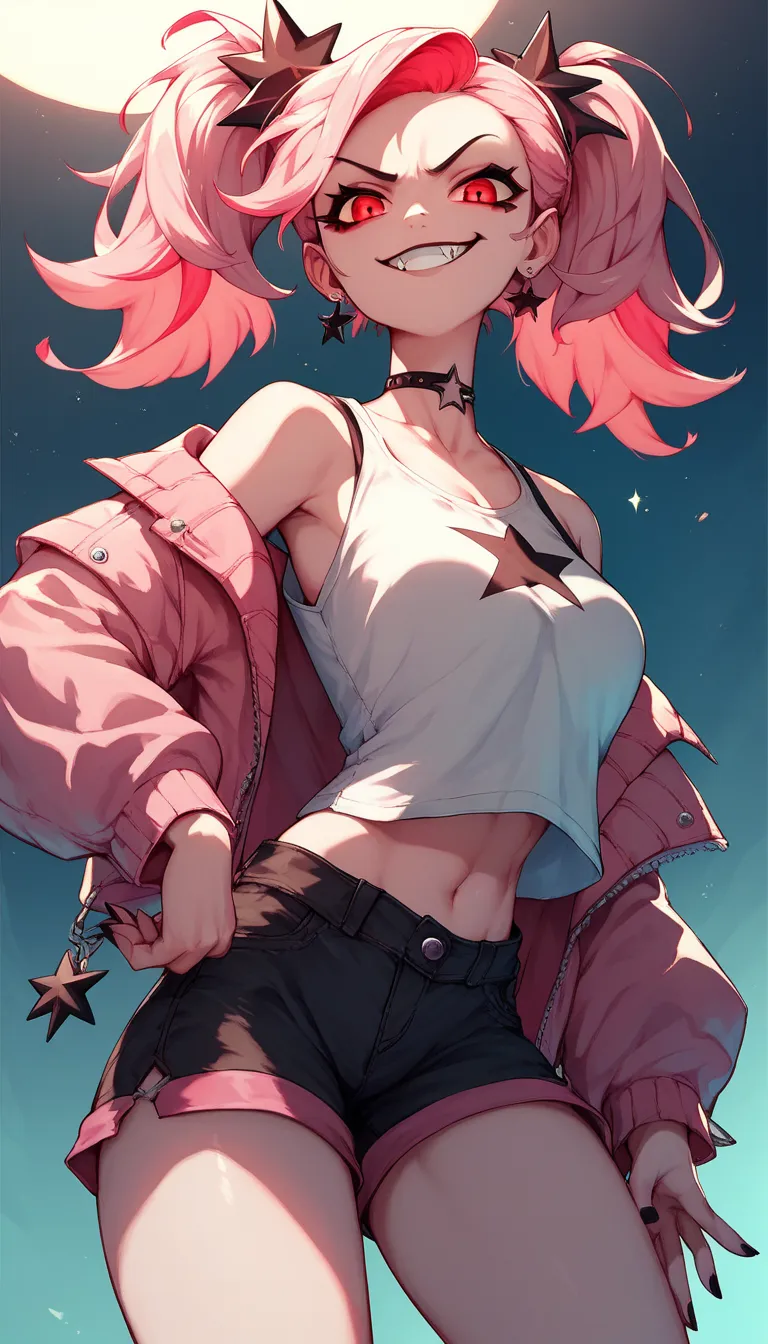 Girl with evil smile with pink and blue two-tone hair and pigtails with red eyes and a pink short shirt with a black star and black shorts