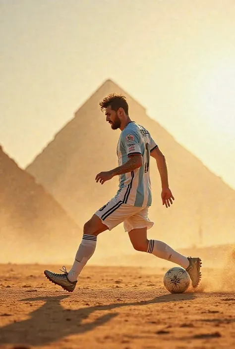 Messi plays football in the pyramids 
