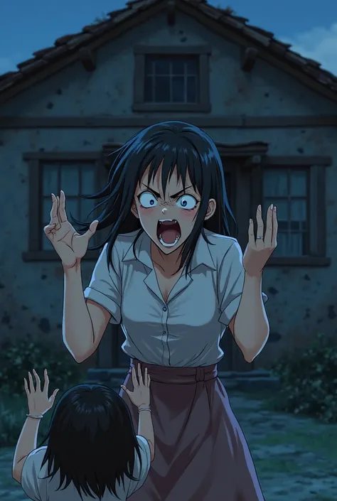 "An anime-style digital illustration of an extremely angry woman yelling at a small . The woman has wide, furious eyes, her mouth open in a loud scream, and her hands raised in a tense, claw-like gesture. She wears a slightly wrinkled blouse and a long ski...