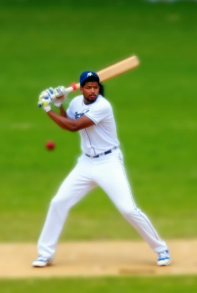 By using this photo as reference make an photo of an guy playing an hard shot in an cricket field by wearing white jersey take an close picture 