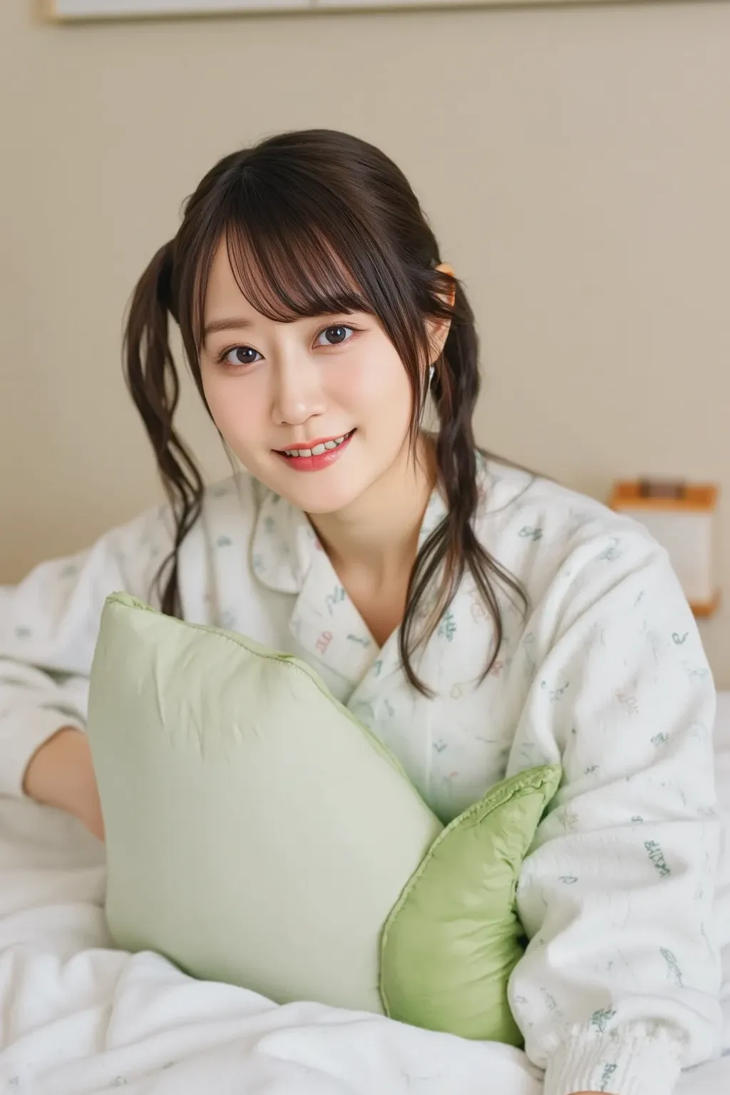 「A scene where a Japanese woman wears casual clothes in her bedroom、is holding a cucumber shaped body pillow。 The background is a simple bedroom 、Soft lighting creates an atmosphere。 the woman has a relaxed expression 、Snuggling up to a cucumber pillow。」
