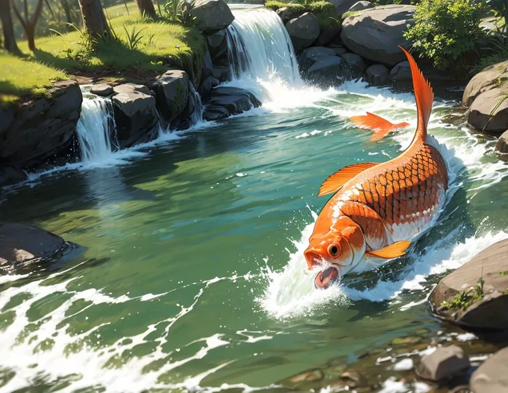 Drawing of carp going over a waterfal