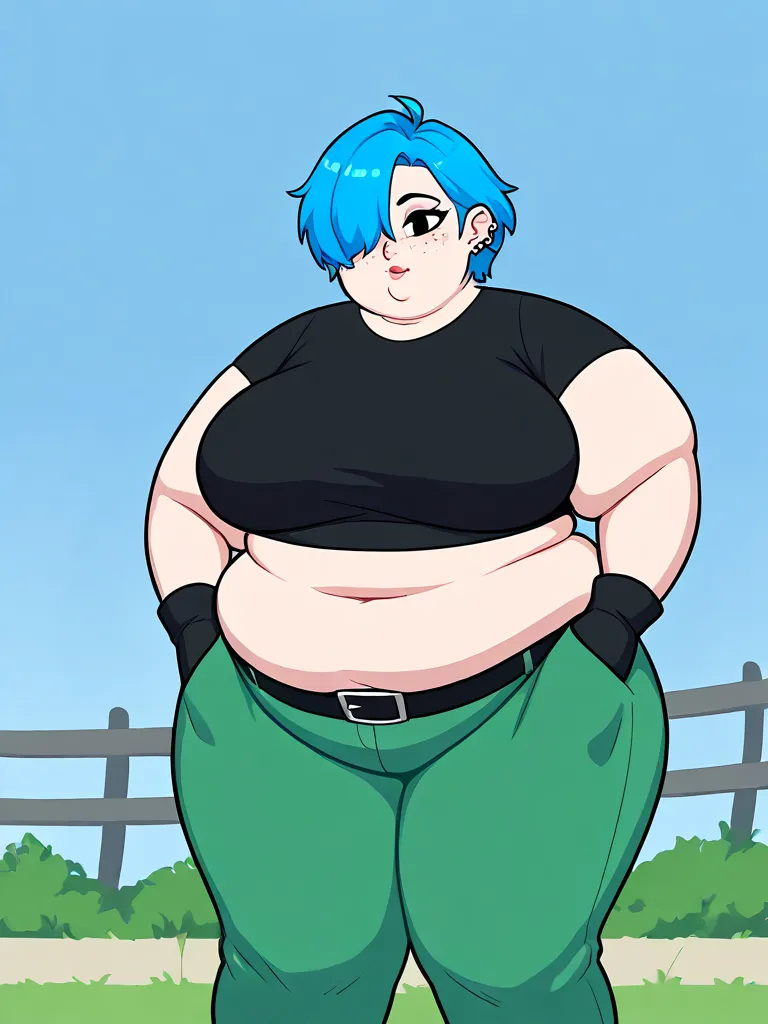 solo, marieK, short blue hair, ear piercing, hair over one eye, freckles, black eyes, makeup, standing, hand in pockets, green pants, black shirt, black wristbands, midriff, belt, fat, double chin, chubby, obese, fat arms and legs, tight clothes, dynamic p...