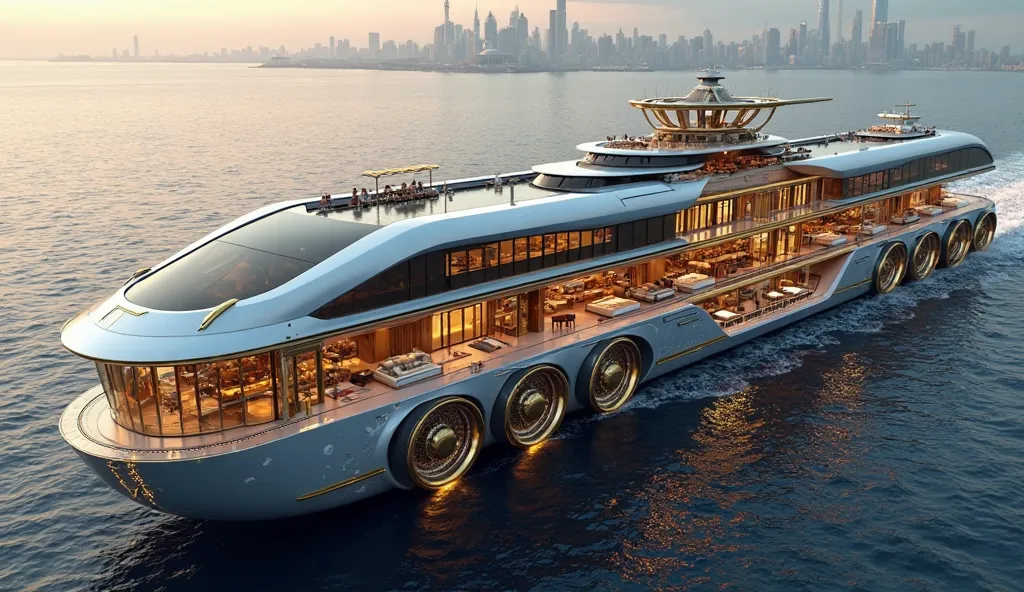 "Create a massive luxury mobile palace on wheels. The vehicle should be at least 200 meters long and 7 stories tall, designed like a five-star resort. The exterior should have a royal, futuristic design with gold and marble accents. There are large panoram...