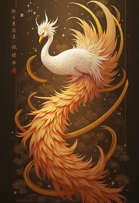 Ancient mythical beasts ，fantasy creature、Chinese phoenix，Peacock's head，The slender body of a swan，Big wings of a golden chicken，golden mountain chicken feathers，feathers are the color of a golden finch，, noble and elegant ，Beautiful physique ，rendering，U...