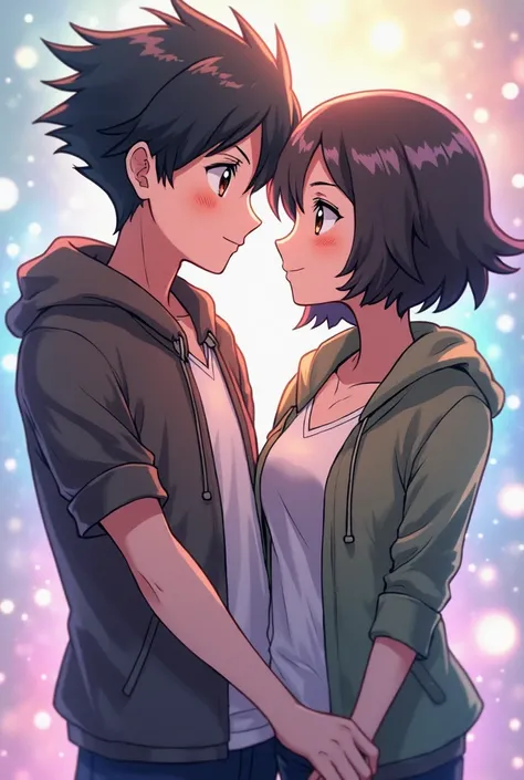 make me a couple of Pokemon trainers in love who do a crazy pose, Sea anime style is a 20-year-old boy with short black hair, Cejas pronunciadas ,  brown eyes , It is a slim build and that the background is holographic style and a girl with semi-short blac...