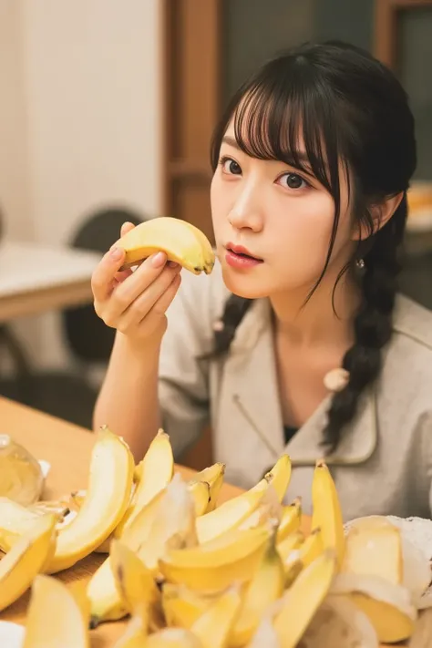 A Japanese woman is sitting at a table, eating a banana. She has already eaten several bananas, and the table is covered with many banana peels. She looks satisfied, and the setting is a cozy indoor environment with soft lighting. The background is slightl...