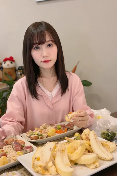 A Japanese woman is sitting at a table, eating a banana. She has already eaten several bananas, and the table is covered with many banana peels. She looks satisfied, and the setting is a cozy indoor environment with soft lighting. The background is slightl...