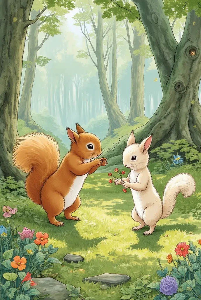 Squirrel playing with her ren in a forest with flowers