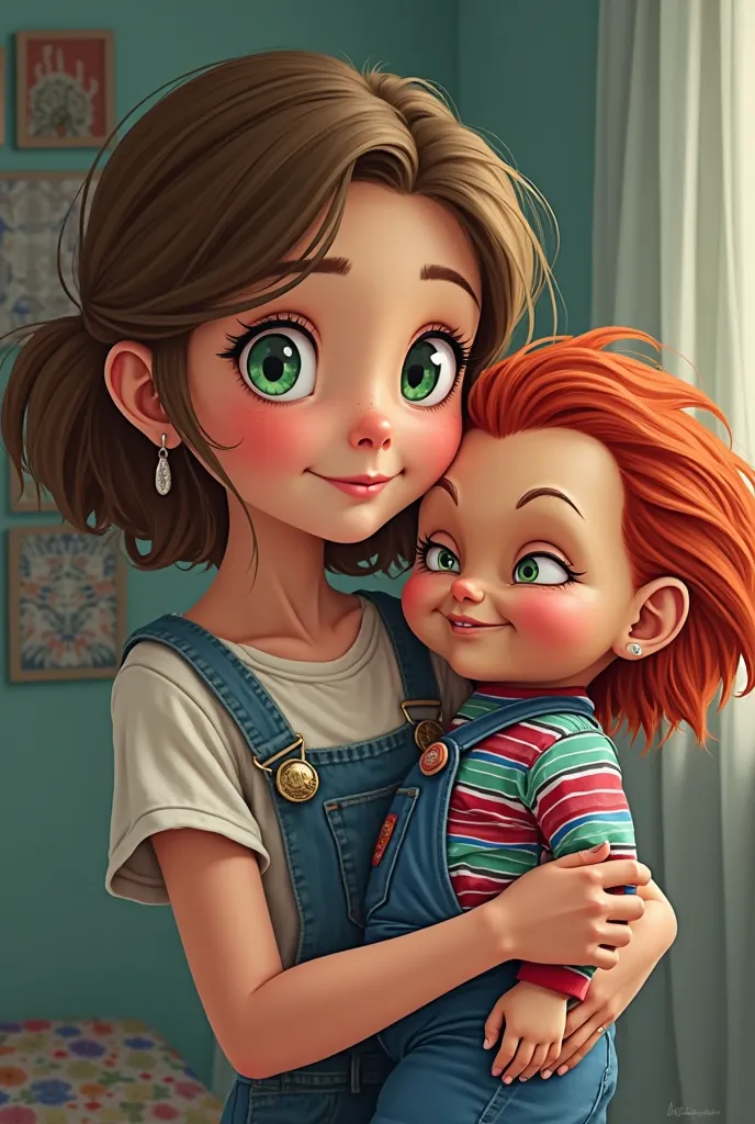 A girl kinda a 20 year old with green eyes and light brown hair holding chucky the good guy doll, make them both look innocent and I want the image to be cartoon, like old cartoons characters maybe