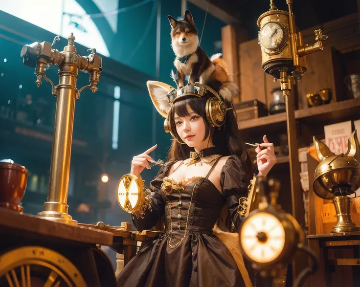 "It has fox ears and a fox's many tails、cute little automaton  mechanic.   of her body An elaborate clockwork mechanism can be seen on some ,  adding a charming mechanical vibe . She has oversized goggles.  The background is a cozy workshop with large gear...