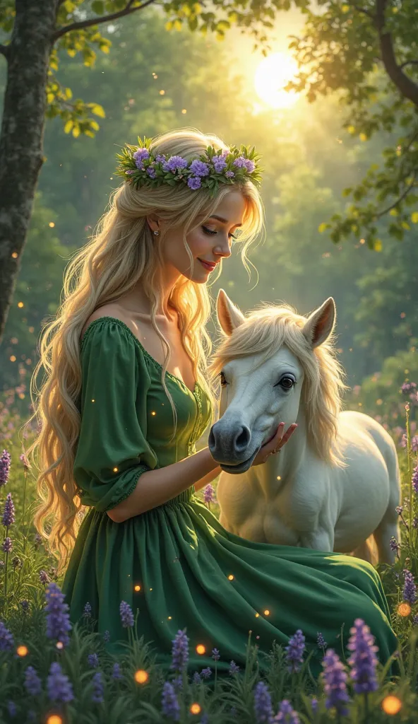 The map is made in a fantasy style.
Magical green lush forest . In the thick of a magical green forest , красивая girl she is 25 years old, who strokes her white pony , and behind her is the bright sun. 

details : girl she is 25 years old , with blond eve...