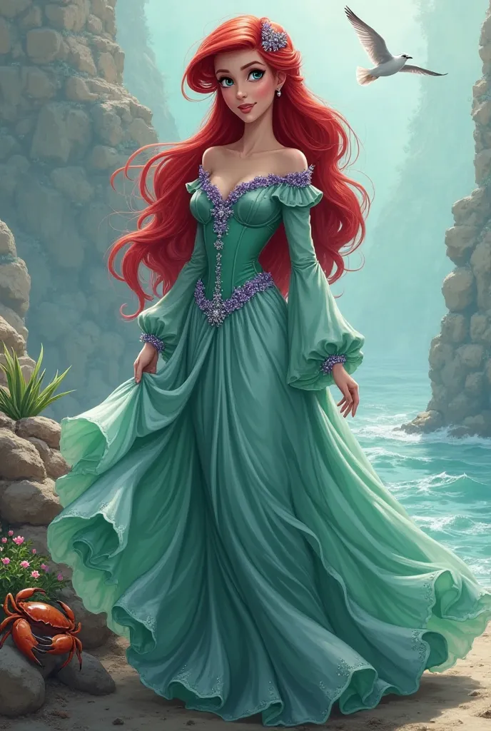 Ariel from The Little Mermaid with bright Red hair as an Arab Princess wearing a long flowing, sea-green Lemai Vintage, Long Sleeve, Formal evening gown with purple detailings, A-Line women’s Gothic dress. Full body image. With a seagull flying beside her ...