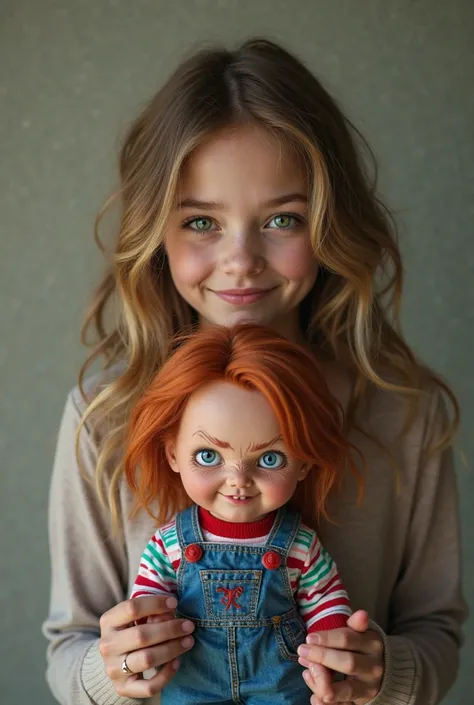 A girl kinda a 20 year old with green eyes and light brown hair holding chucky the good guy doll, make them both look innocent