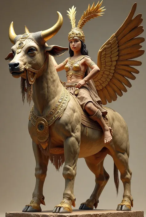 Please generate a magnificent statue set in the Assyrian Empire civilization, depicting a young girl wearing the golden Mask of Agamemnon while riding the Assyrian divine beast, Lamassu (a half-human, half-beast creature in Assyrian culture. Due to its app...