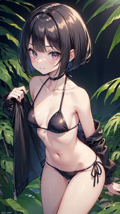 ((((masterpiece, Best Quality, High Resolution)))), (one girl:1.5),   black hair,  dark eyes, Short Wave Hair, bob cut the blue cloth, (Average Chest :1.2),smile,  thighs, bare shoulders, collarbone, thin waist, ( slim figure), Chest, (face beautifully dra...