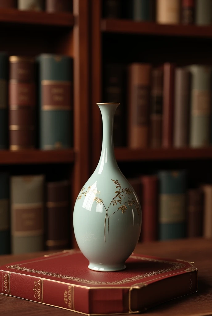 A small vase is placed on a bookcase，The decoration is placed in the center，The background is a study、Top view、 masterpiece、high quality