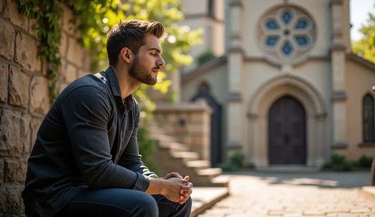 A handsome man with well-defined features sits slightly away from the camera outside a historic church, his eyes closed and head bowed in deep prayer. The background, captured with a realistic high-resolution bokeh effect, softly blurs the grand stone entr...