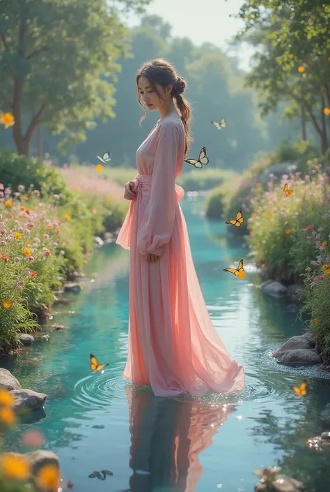 A beautiful smiling lady with bun hair wears pink abaya standing at the small clear blue river, butterflies chasing, beautiful wildflowers and nature, hyper realistic 