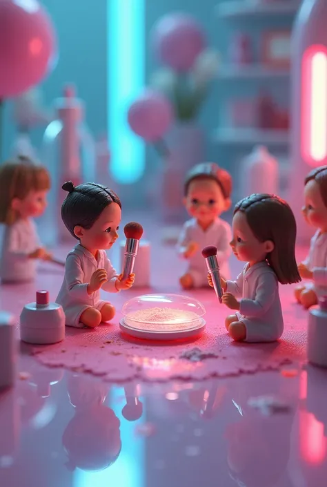 "Tiny figures using oversized makeup brushes to test the compact powder, as if they are in a beauty laboratory. Fun, creative, and highly detailed miniature scene."
