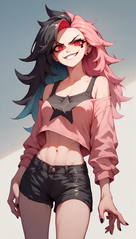 Girl with evil smile with pink and blue two-tone ponytail hair with red eyes and a pink short shirt with a black star and black shorts.