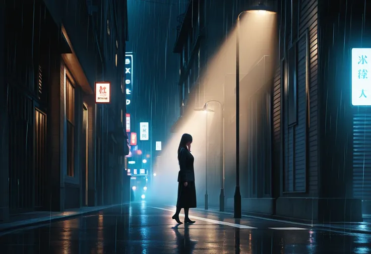 woman standing alone under a streetlamp, night, rain and cold, long shadow, spotlight from side, cinematic lighting, dramatic atmosphere, moody tones, realistic, highly detailed, 8k, photorealistic, professional photography, award-winning, mesmerizing, cap...