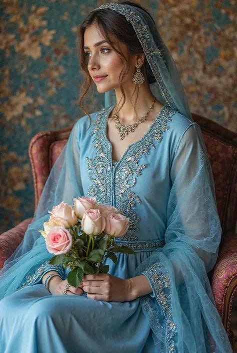 bride sitting on a chair with a bouquet of roses in her hand, background is heavenly, blue colored traditional wear, kyza saleem, profile image, very very low quality picture, * colour splash *, khyzyl saleem, inspired by Ambreen Butt, traditional clothes,...