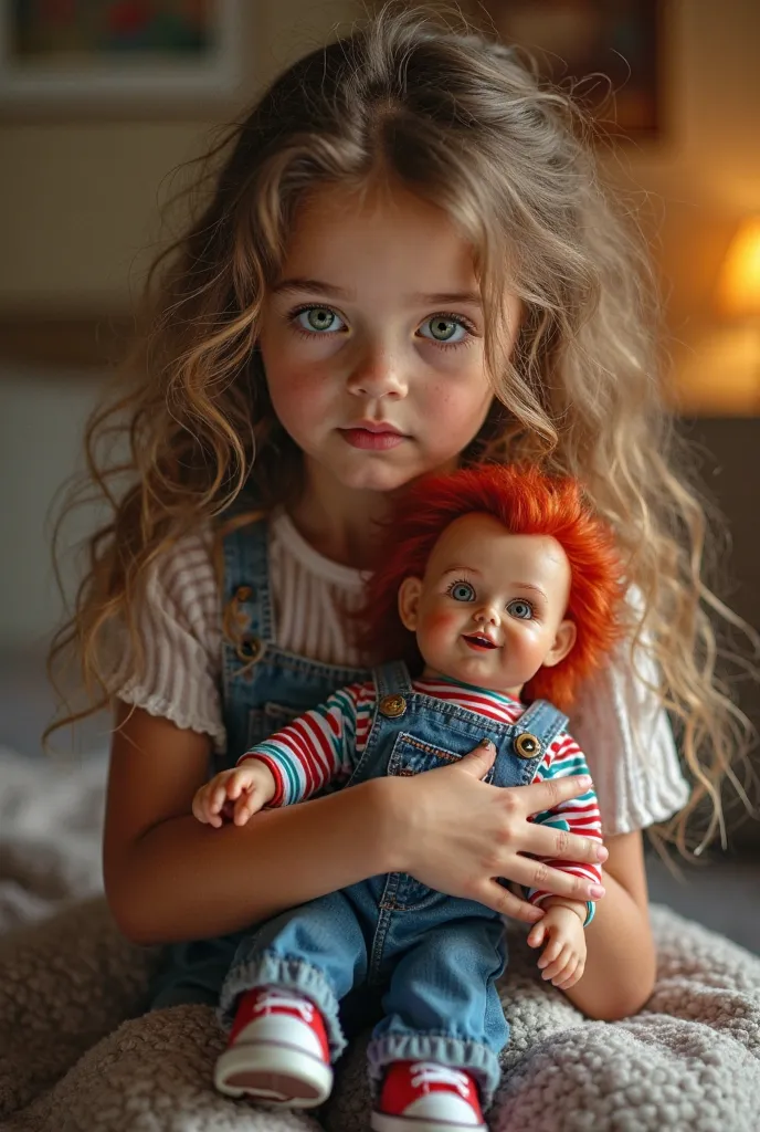 A 25 year old with green eyes and long curly light brown hair holding chucky the good guy doll, make them both look innocent 