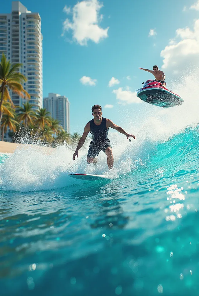 Gta 6, Man surfing with a surfboard with a wave of crystal clear waters, a Miami city on the left-hand side and a man driving a jetski on the right-hand side