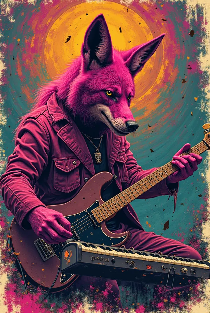 Comic: Neo Soul, Rock N Roll music poster with abrasive and cynical colors, featuring a pink jackal playing electric organ