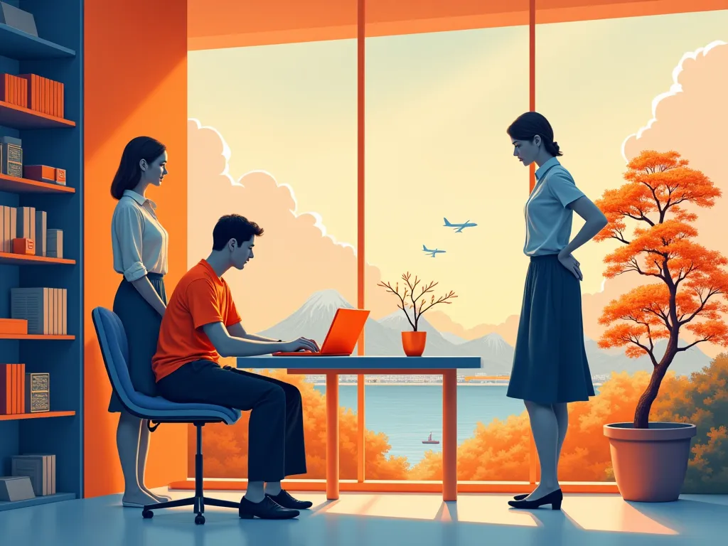 ( 1 man sitting and 2 woman standing )
((homoerotic illustration)) in intense colors predominating , chair from a store with shelves with boxes of various sizes and colors with a counter with an orange laptop computer and small gold coins,  windows glass w...