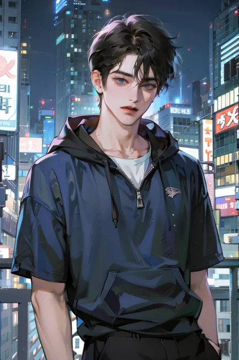 Masterpiece, best quality,(artist) very detailed, 1man black hair, blue eyes, wearing a hood zipper outer and white T-shirt. A handsome male.  dynamic pose, short bang hair with 7:3 ratio, manly, man. night city background, korea background