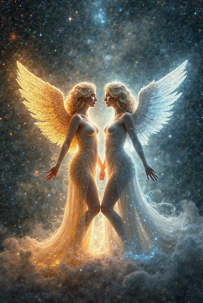 A mystical representation of the Gemini sign. Two twin heavenly beings, shining with an ethereal light, design stand side by side on a cosmic background full of stars and nebulas. One of the twins has a golden aura, while the other shines with a silver lig...