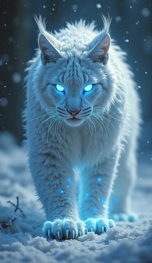 Phantom lynx with, sharp claws, that never really touch the ground. His fur is ghostly white, shimmering into transparency and back, and her empty eyes glow with an eerie blue flame. when he hunts slowly before going to prey that freezes everything's blood...