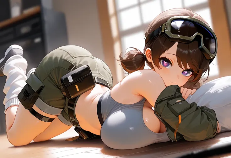 girl, cute, masterpiece, swept bangs, high quality, high resolution, big breast, lovely thighs, exposed underboobs, mechanic girl, short curly twintails, sports bra, open jacket, cargo shorts, belt pouch, thigh strap, brown hair, purple eyes, welding goggl...