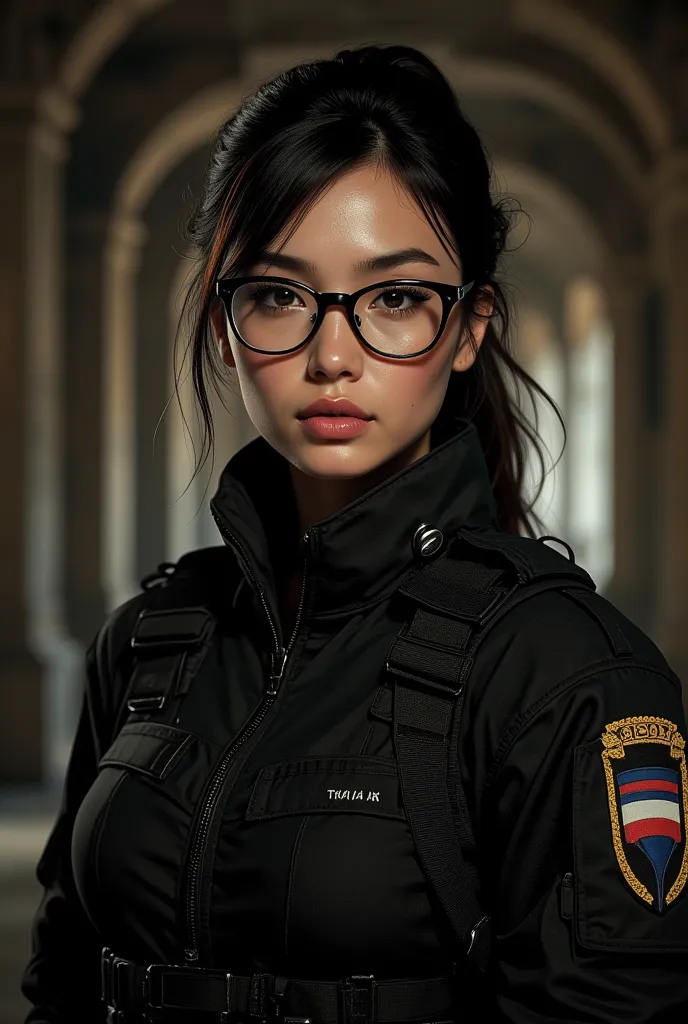 Formidable 30 years old Thai woman with glasses and ponytail hairstyle wearing modern black tactical outfits with only Thailand Flag patch like special force colonel, underground ancient temple background , serious, resident evil atmosphere ,