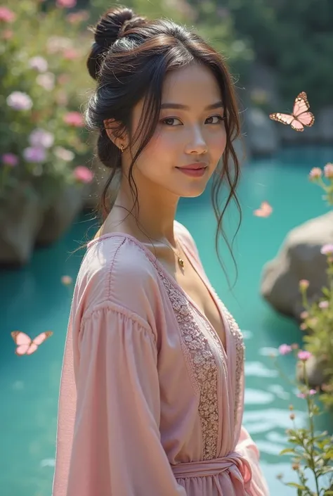 Close up picture, A beautiful smiling lady with bun hair wears pink abaya standing at the small clear blue river, watching at the butterflies, beautiful blues wildflowers and nature, hyper realistic 