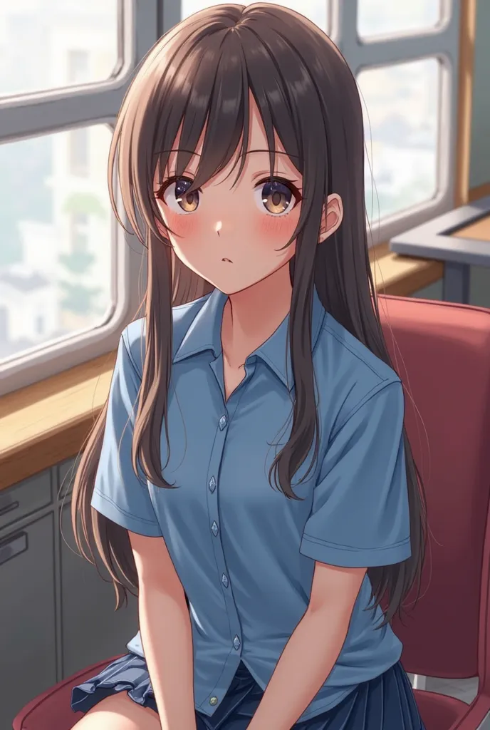 arafed girl in a blue shirt sitting in a chair, a picture inspired by Kim Jeong-hui, tumblr, video art, ruan cute vtuber, girl wearing uniform, wearing school uniform, dang my linh, with long hair, anime thai girl, wearing in shirt, she has a cute face, cu...