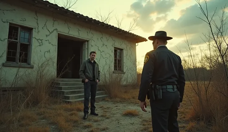 A lone man and a police officer stand outside an old, abandoned building with cracked walls and overgrown weeds. The atmosphere is eerie yet cinematic, with a cloudy sky and diffused golden light casting long shadows. The man looks unsettled, his gaze fixe...