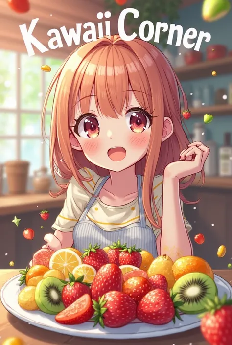 Create an image of a girl with an anime-style fruit plate written Kawaii Corner, Make the name appear bigger