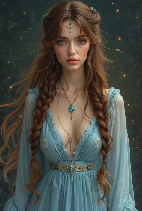 Want to create a feminine image, a sexy face, long brown hair, long curls, two-sided braids, round eyes, large, light brown, rosy lips, look powerful, wearing a long-sleeved dress, long bangs, a light blue dress with a symbol of water, the background is wi...