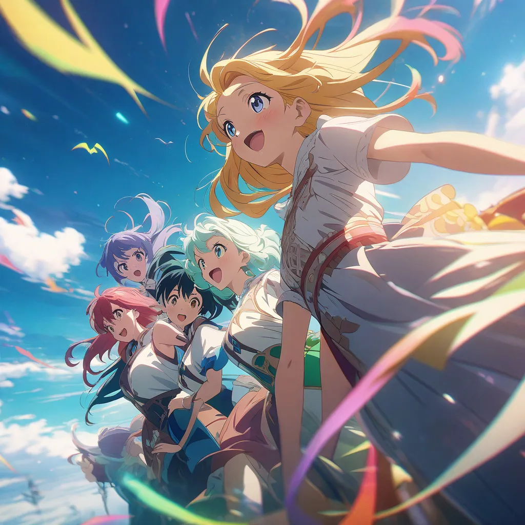 Let's go to another world, anime style, high quality, detailed anime character, group of young female friends, excited expression, flying together in the beautiful sky, cinematic composition, vibrant colors, beautiful background, 4k, High Details, High Qua...