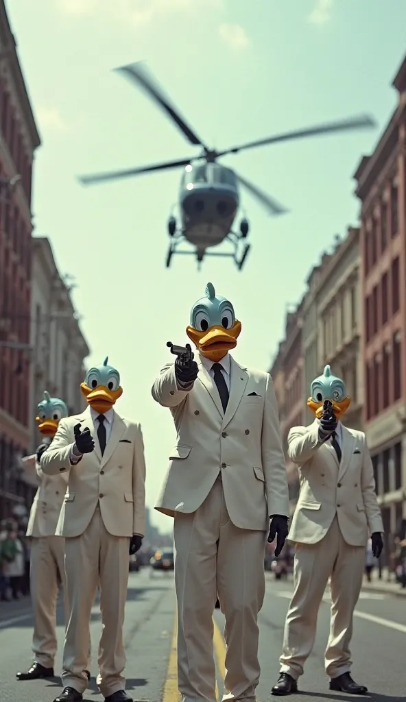 Realistic photograph of a moment when a helicopter landed in the middle of the street with its propellers spinning, men in white suits and Donald Duck masks, heavily armed, Pointing in different directions on the street, waiting for their associates to lea...