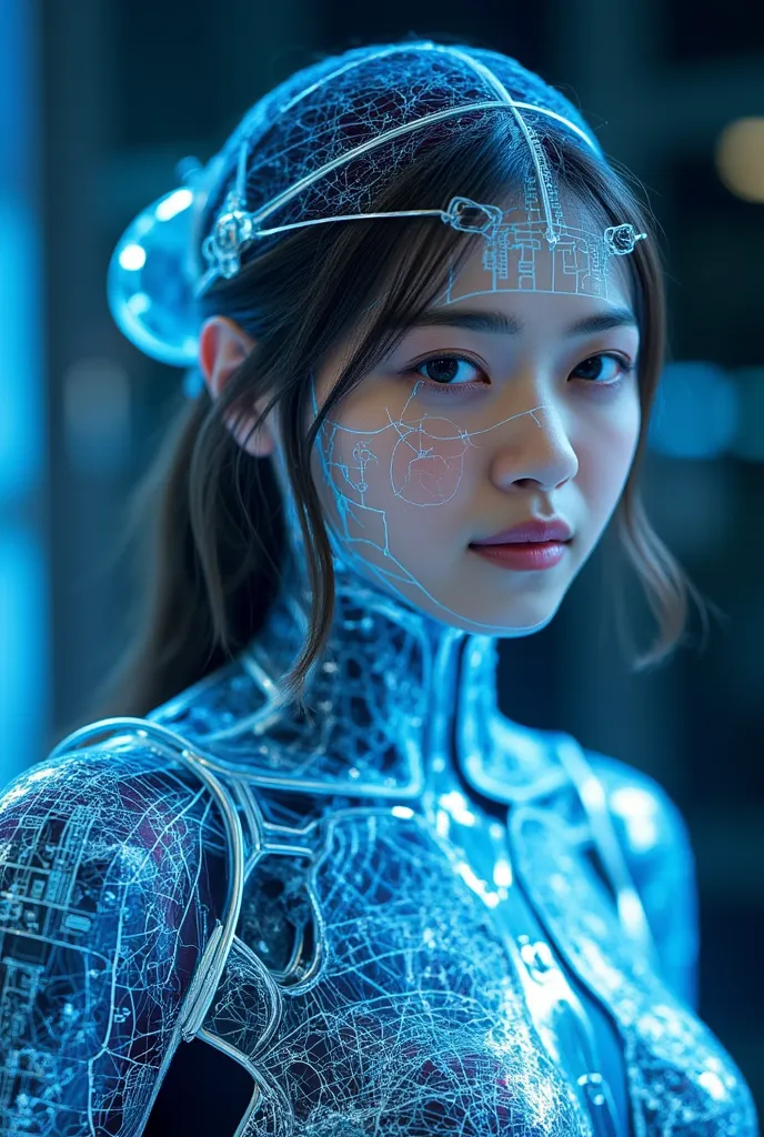 Android Girl Blueprint, (masterpiece:1.2, Exceptional Quality, mirror-like, Cinematic Experience, Photorealistic:2.0, RAW Photos:2.0, Super detailed), 8k,wallpaper, (Representing blueprints through holograms:2.0), (Beautiful woman:2.0), Female Cyborg, Whit...